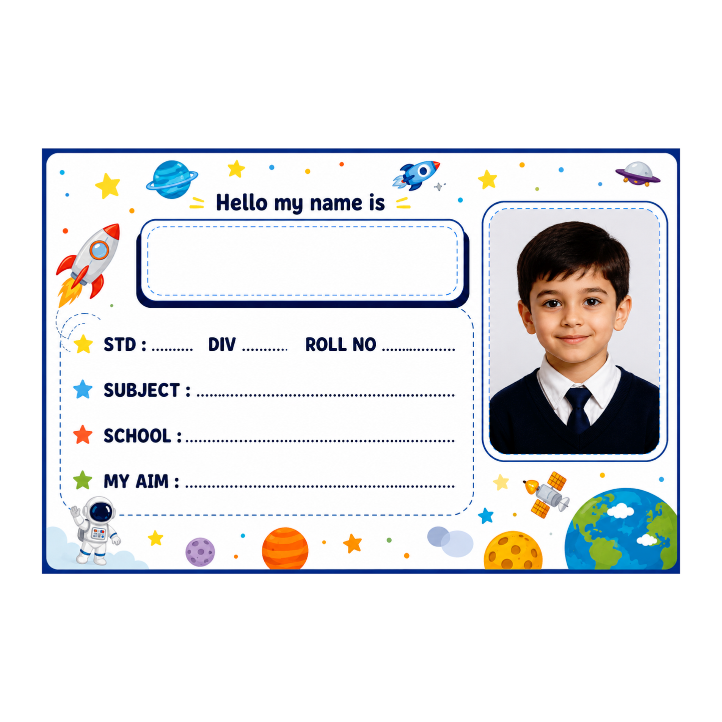 Custom Photo Space Theme School Name Labels – 7.62 × 5.08 cm (3 × 2 Inch) Personalized Waterproof Kids Notebook Stickers for School Books, Water Bottles & Accessories | Rocket & Galaxy Design Pack of 36