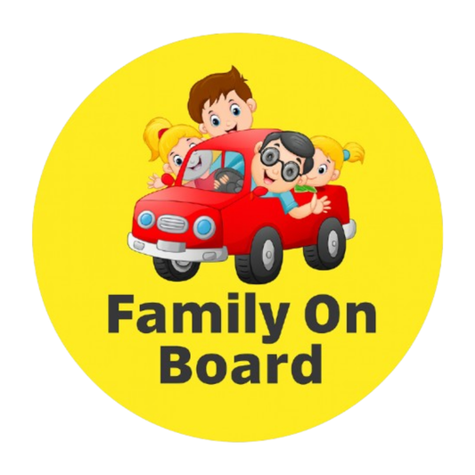 Smeeps Family On Board Sticker – 14 x 14 cm Round Design with Cartoon Car & Characters | Bright Yellow Car Safety Sign | Waterproof & Fade Resistant
