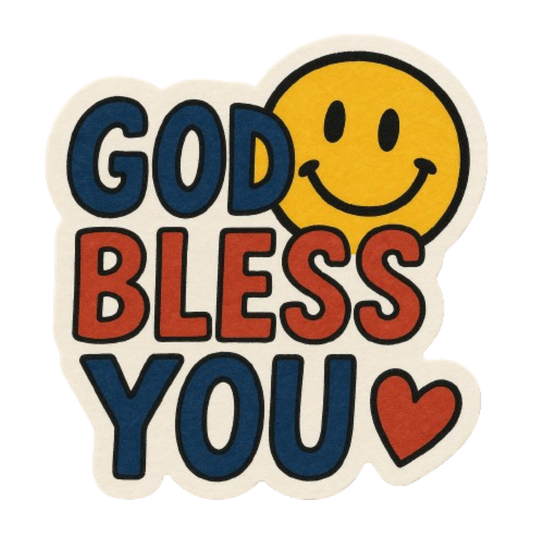 Smeeps “God Bless You” Sticker – 8.4 x 7.8 cm Cute Smiley & Heart Car Decal | Waterproof & Fade-Resistant