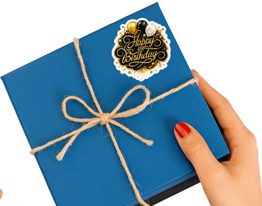 Smeeps Premium Black & Gold Happy Birthday Sticker – 10.16 × 9.40 cm (4 × 3.7 Inch) Waterproof Vinyl Die-Cut Birthday Sticker for Gift Box, Return Gifts, Party Decoration & Scrapbook | Pack of 1