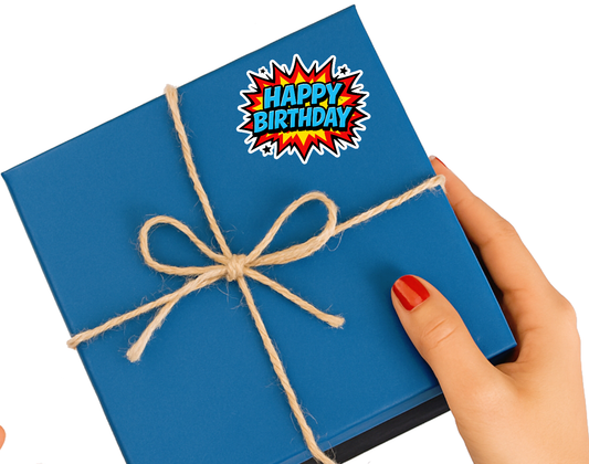Smeeps Comic Style Happy Birthday Sticker – 10.16 × 8.39 cm (4 × 3.3 Inch) Waterproof Vinyl Die-Cut Birthday Sticker for Gift Box, Return Gifts, Party Decoration, Scrapbook & Laptop | Pack of 1