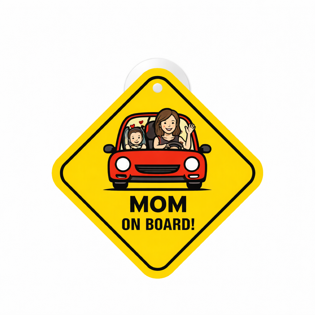 Smeeps Mom On Board Hanging Sign – 20.32 × 20.32 cm (8 × 8 Inch) Mom Driving with Child Waterproof Car Hanging Board with Suction Cup | Family Safety Vehicle Warning Sign Pack of 1