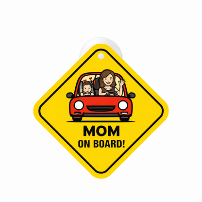 Smeeps Mom On Board Hanging Sign – 20.32 × 20.32 cm (8 × 8 Inch) Mom Driving with Child Waterproof Car Hanging Board with Suction Cup | Family Safety Vehicle Warning Sign Pack of 1