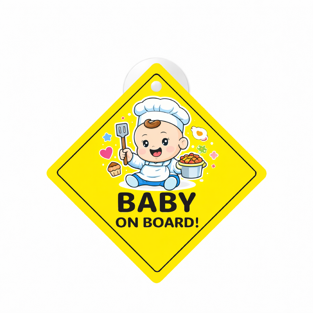 Smeeps Baby On Board Hanging Sign – 20.32 × 20.32 cm (8 × 8 Inch) Cute Baby Chef Waterproof Car Hanging Board with Suction Cup | Cooking Theme Baby Safety Vehicle Warning Sign