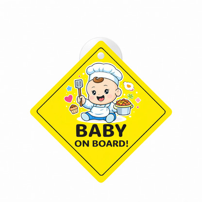 Smeeps Baby On Board Hanging Sign – 20.32 × 20.32 cm (8 × 8 Inch) Cute Baby Chef Waterproof Car Hanging Board with Suction Cup | Cooking Theme Baby Safety Vehicle Warning Sign