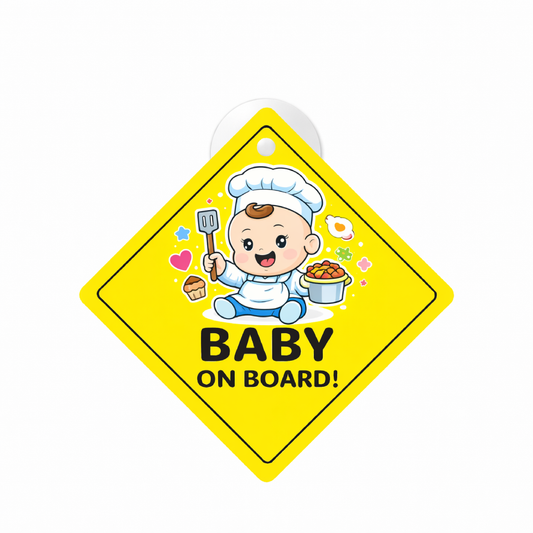 Smeeps Baby On Board Hanging Sign – 20.32 × 20.32 cm (8 × 8 Inch) Cute Baby Chef Waterproof Car Hanging Board with Suction Cup | Cooking Theme Baby Safety Vehicle Warning Sign