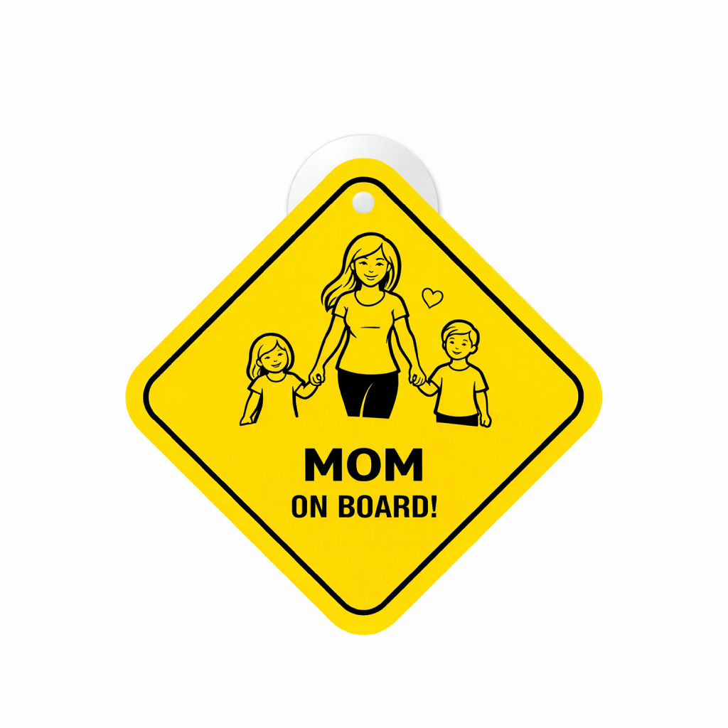 Smeeps Mom On Board Hanging Sign – 20.32 × 20.32 cm (8 × 8 Inch) Waterproof Family Safety Car Hanging Board with Suction Cup | Mom & Kids Design