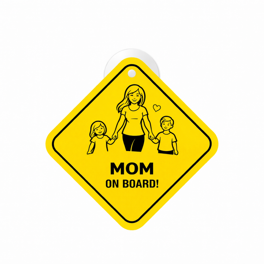 Smeeps Mom On Board Hanging Sign – 20.32 × 20.32 cm (8 × 8 Inch) Waterproof Family Safety Car Hanging Board with Suction Cup | Mom & Kids Design