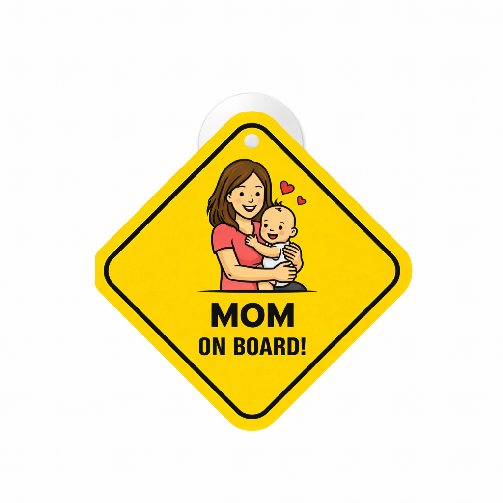 Smeeps Mom On Board Hanging Sign – 20.32 × 20.32 cm (8 × 8 Inch) Mother Carrying Baby Waterproof Car Hanging Board with Suction Cup | Cute Family Safety Vehicle Sign Pack of 1