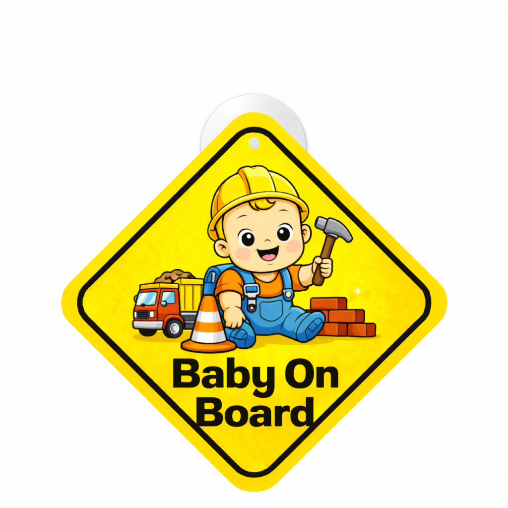 Smeeps Baby On Board Hanging Sign – 20.32 × 20.32 cm (8 × 8 Inch) Cute Construction Worker Baby Waterproof Car Hanging Board with Suction Cup | Builder Theme Baby Safety Vehicle Warning Sign