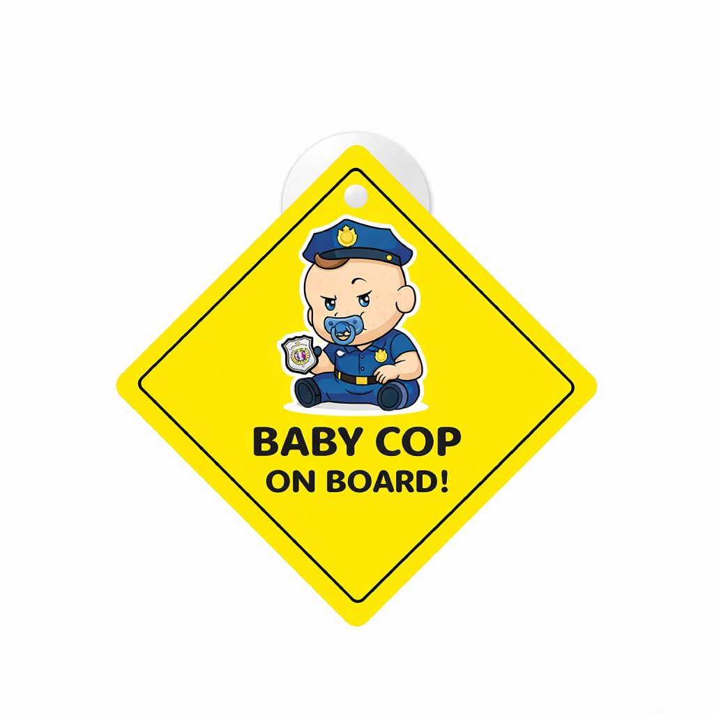 Smeeps Baby Cop On Board Hanging Sign – 20.32 × 20.32 cm (8 × 8 Inch) Cute Police Baby Waterproof Car Hanging Board with Suction Cup | Funny Baby Safety Vehicle Warning Sign
