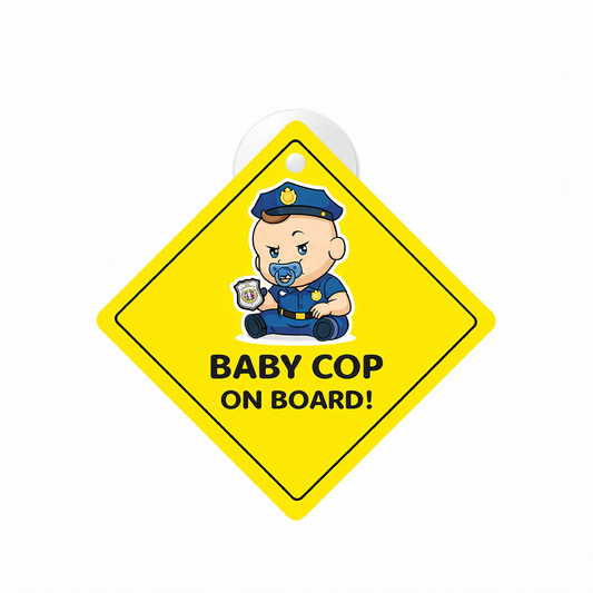 Smeeps Baby Cop On Board Hanging Sign – 20.32 × 20.32 cm (8 × 8 Inch) Cute Police Baby Waterproof Car Hanging Board with Suction Cup | Funny Baby Safety Vehicle Warning Sign