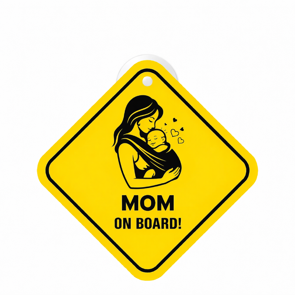 Smeeps Mom On Board Hanging Sign – 20.32 × 20.32 cm (8 × 8 Inch) Mother Carrying Baby Waterproof Car Hanging Board with Suction Cup | Baby Safety Vehicle Warning Sign Pack of 1