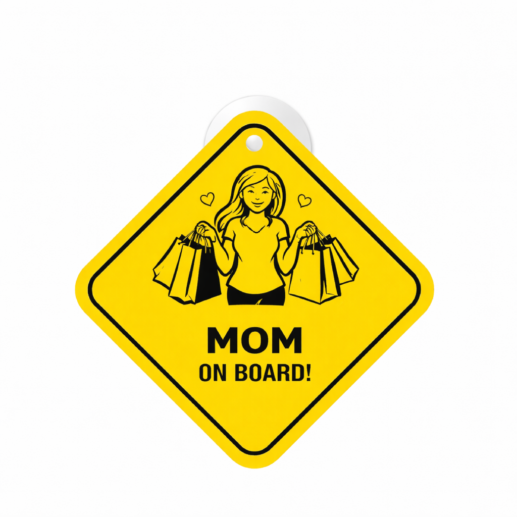 Smeeps Mom On Board Hanging Sign – 20.32 × 20.32 cm (8 × 8 Inch) Waterproof Car Hanging Board with Suction Cup | Shopping Mom Safety Design