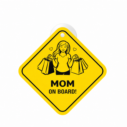 Smeeps Mom On Board Hanging Sign – 20.32 × 20.32 cm (8 × 8 Inch) Waterproof Car Hanging Board with Suction Cup | Shopping Mom Safety Design