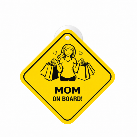 Smeeps Mom On Board Hanging Sign – 20.32 × 20.32 cm (8 × 8 Inch) Waterproof Car Hanging Board with Suction Cup | Shopping Mom Safety Design
