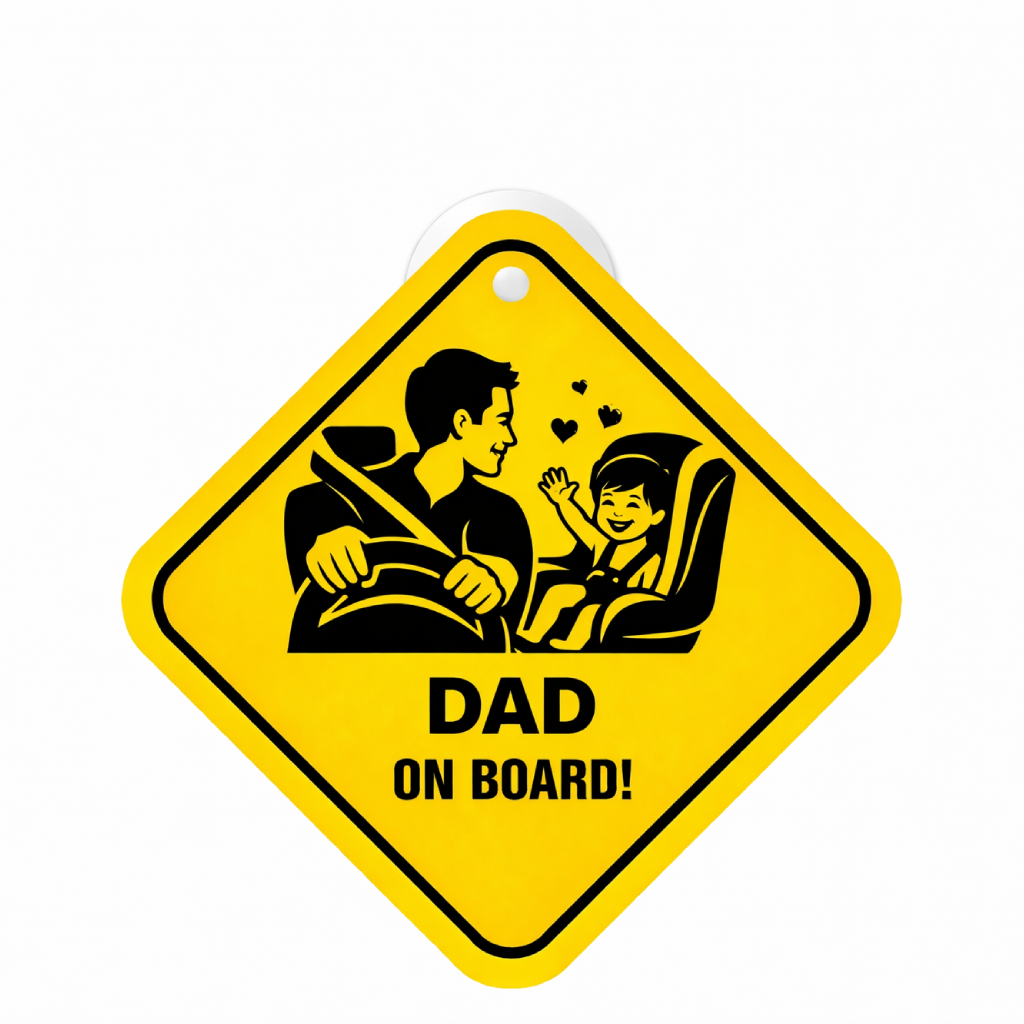 Smeeps Dad On Board Hanging Sign – 20.32 × 20.32 cm (8 × 8 Inch) Father Driving with Child Waterproof Car Hanging Board with Suction Cup | Family Safety Vehicle Warning Sign