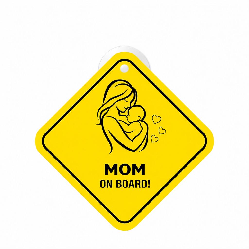 Smeeps Mom On Board Hanging Sign – 20.32 × 20.32 cm (8 × 8 Inch) Waterproof Baby Safety Car Hanging Board with Suction Cup | Mother & Baby Design