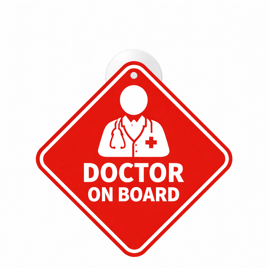 Smeeps Red Doctor On Board Hanging Sign – 20.32 × 20.32 cm (8 × 8 Inch) Waterproof UV Resistant Medical Professional Car Hanging Board with Suction Cup | Emergency Healthcare Vehicle Sign Pack of 1