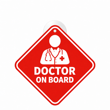 Smeeps Red Doctor On Board Hanging Sign – 20.32 × 20.32 cm (8 × 8 Inch) Waterproof UV Resistant Medical Professional Car Hanging Board with Suction Cup | Emergency Healthcare Vehicle Sign Pack of 1