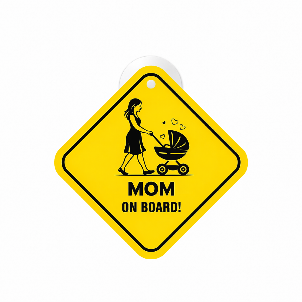 Smeeps Mom On Board Hanging Sign – 20.32 × 20.32 cm (8 × 8 Inch) Mom with Baby Stroller Waterproof Car Hanging Board with Suction Cup | Mother & Baby Safety Vehicle Sign Pack of 1