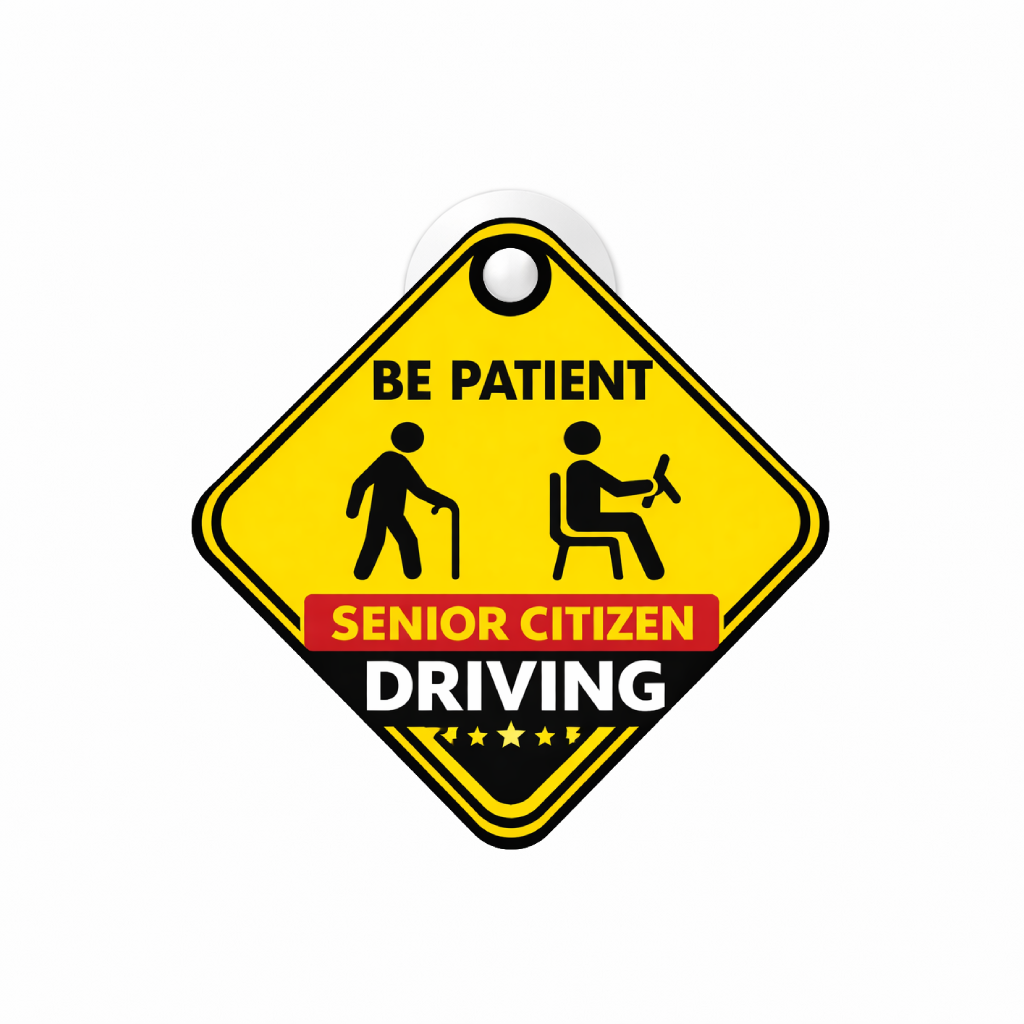 Smeeps Senior Citizen Driving Hanging Sign – 20.32 × 20.32 cm (8 × 8 Inch) Waterproof Safety Car Hanging Board with Suction Cup | Be Patient Elderly Driver Warning Sign