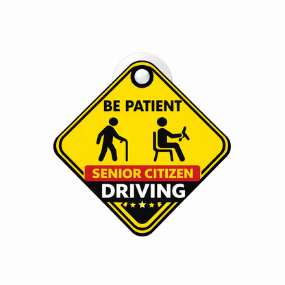 Smeeps Senior Citizen Driving Hanging Sign – 20.32 × 20.32 cm (8 × 8 Inch) Waterproof Safety Car Hanging Board with Suction Cup | Be Patient Elderly Driver Warning Sign