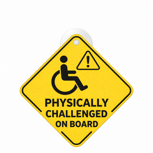 Smeeps Physically Challenged On Board Hanging Sign – 20.32 × 20.32 cm (8 × 8 Inch) Waterproof Car Safety Hanging Board with Suction Cup | Disability Awareness Warning Sign