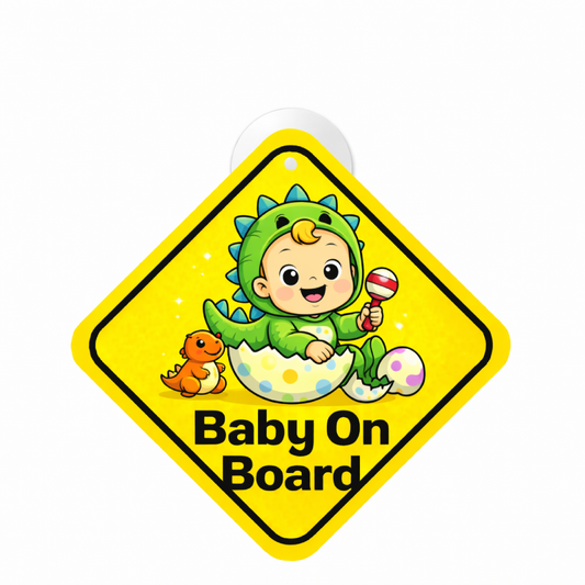 Smeeps Baby On Board Hanging Sign – 20.32 × 20.32 cm (8 × 8 Inch) Cute Dinosaur Baby Waterproof Car Hanging Board with Suction Cup | Dino Theme Baby Safety Vehicle Warning Sign