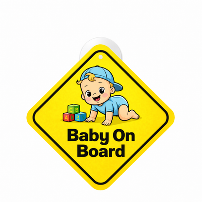 Smeeps Baby On Board Hanging Sign – 20.32 × 20.32 cm (8 × 8 Inch) Cute Crawling Baby with ABC Blocks Waterproof Car Hanging Board with Suction Cup | Baby Safety Vehicle Warning Sign
