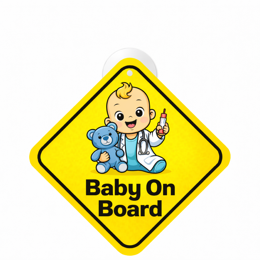 Smeeps Baby On Board Hanging Sign – 20.32 × 20.32 cm (8 × 8 Inch) Cute Baby Doctor Waterproof Car Hanging Board with Suction Cup | Baby Safety Vehicle Warning Sign