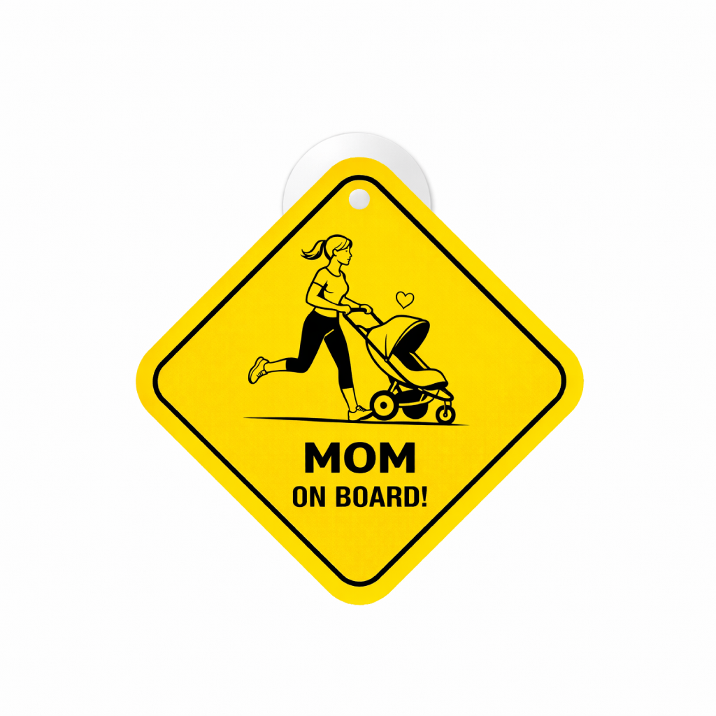 Smeeps Mom On Board Hanging Sign – 20.32 × 20.32 cm (8 × 8 Inch) Waterproof Baby Safety Car Hanging Board with Suction Cup | Mom with Baby Stroller Design