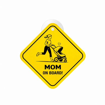 Smeeps Mom On Board Hanging Sign – 20.32 × 20.32 cm (8 × 8 Inch) Waterproof Baby Safety Car Hanging Board with Suction Cup | Mom with Baby Stroller Design