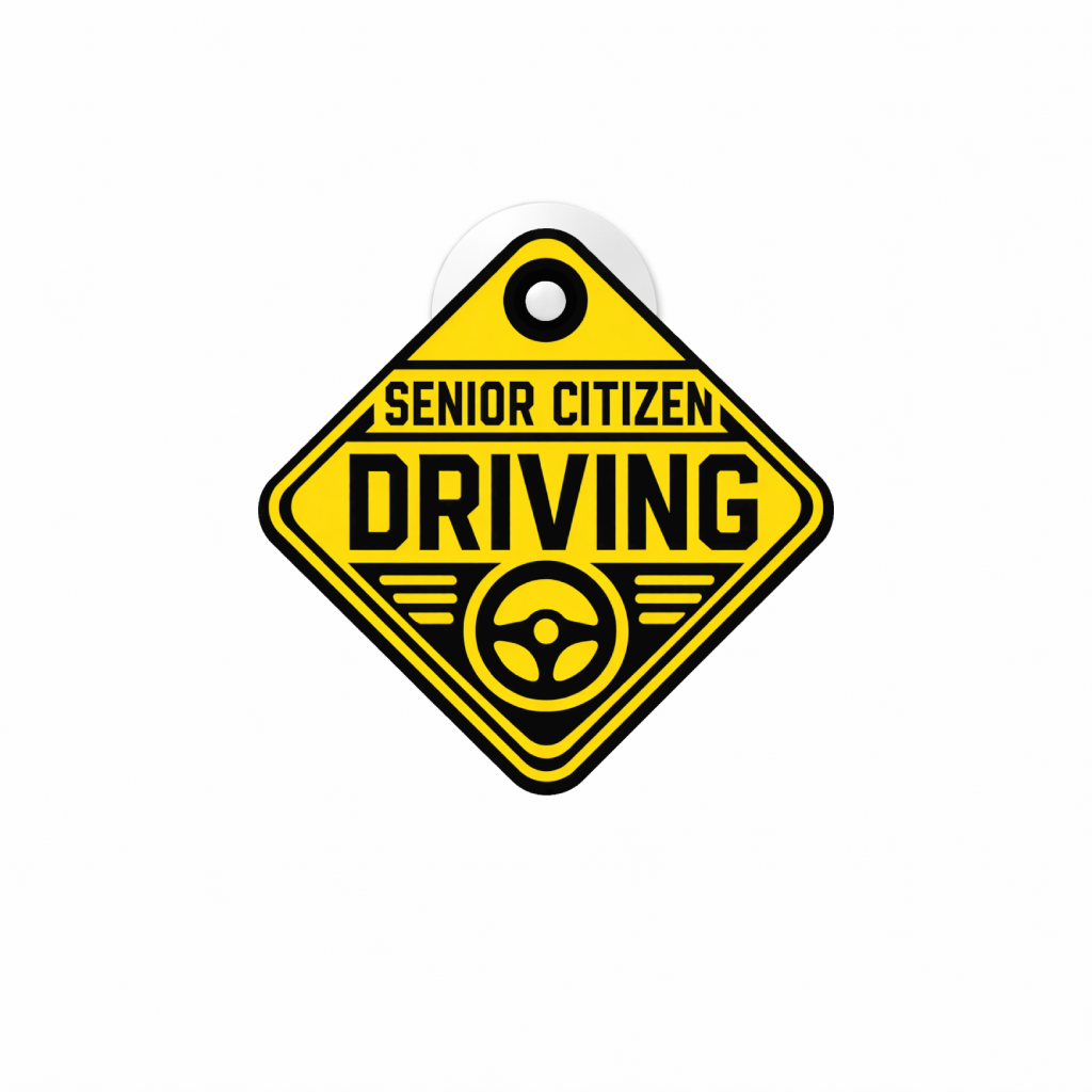 Smeeps Senior Citizen Driving Hanging Sign – 20.32 × 20.58 cm (8 × 8.1 Inch) Waterproof Safety Car Hanging Board with Suction Cup | Elderly Driver Warning Vehicle Sign