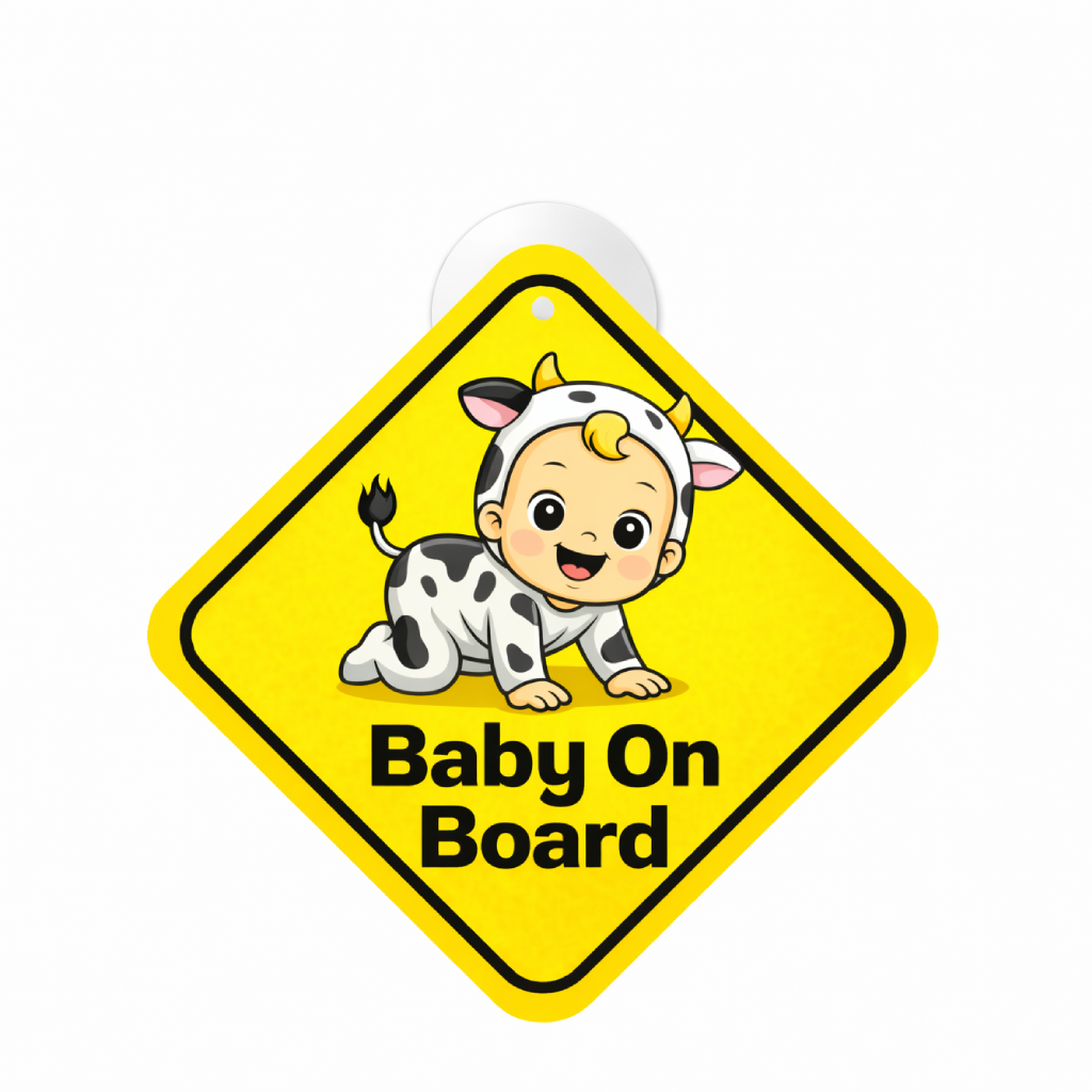 Smeeps Baby On Board Hanging Sign – 20.32 × 20.32 cm (8 × 8 Inch) Cute Cow Costume Baby Waterproof Car Hanging Board with Suction Cup | Funny Baby Safety Vehicle Sign