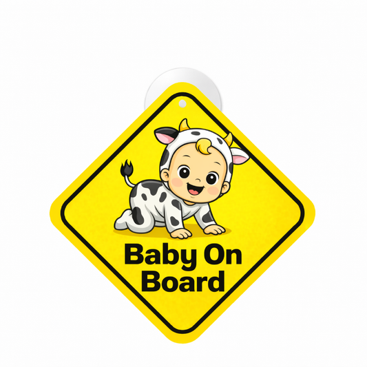 Smeeps Baby On Board Hanging Sign – 20.32 × 20.32 cm (8 × 8 Inch) Cute Cow Costume Baby Waterproof Car Hanging Board with Suction Cup | Funny Baby Safety Vehicle Sign