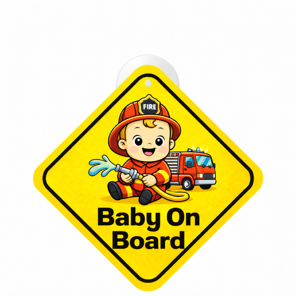 Smeeps Baby Firefighter On Board Hanging Sign – 20.32 × 20.32 cm (8 × 8 Inch) Cute Fire Rescue Baby Waterproof Car Hanging Board with Suction Cup | Baby Safety Vehicle Warning Sign