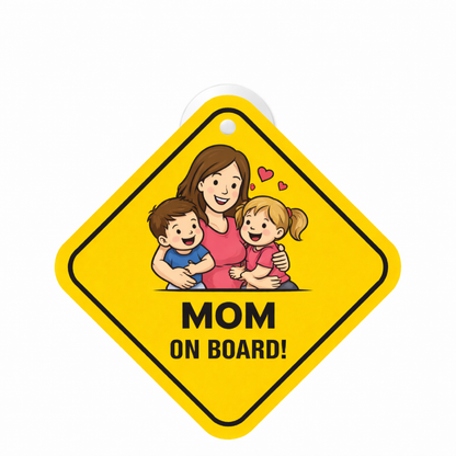 Smeeps Mom On Board Hanging Sign – 20.32 × 20.32 cm (8 × 8 Inch) Cute Mom with Kids Waterproof Car Hanging Board with Suction Cup | Family Safety Vehicle Sign Pack of 1