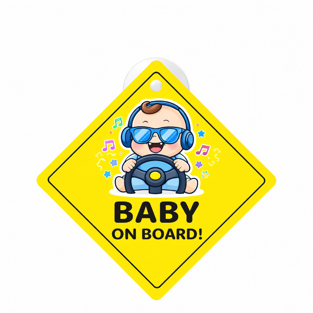 Smeeps Cool Baby On Board Hanging Sign – 20.32 × 20.32 cm (8 × 8 Inch) Cute DJ Driving Baby Waterproof Car Hanging Board with Suction Cup | Funny Baby Safety Car Sign