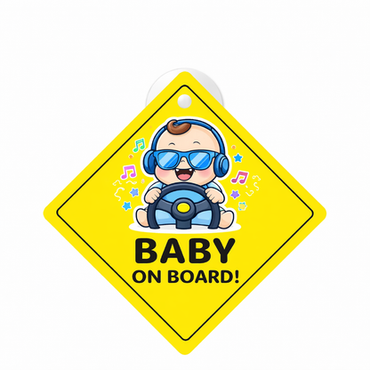 Smeeps Cool Baby On Board Hanging Sign – 20.32 × 20.32 cm (8 × 8 Inch) Cute DJ Driving Baby Waterproof Car Hanging Board with Suction Cup | Funny Baby Safety Car Sign