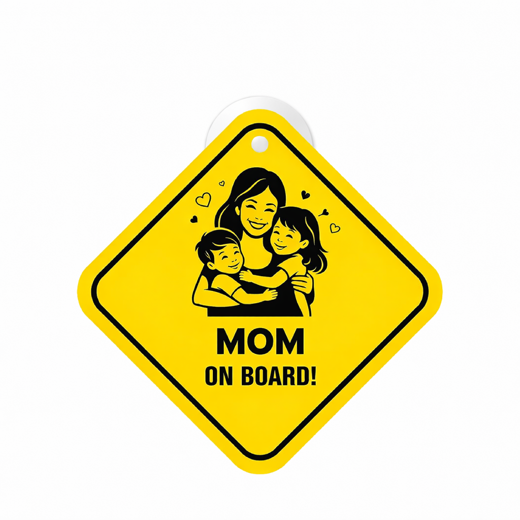 Smeeps Mom On Board Hanging Sign – 20.32 × 20.32 cm (8 × 8 Inch) Mother & Kids Waterproof Car Hanging Board with Suction Cup | Family Safety Vehicle Warning Sign Pack of 1