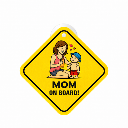 Smeeps Mom On Board Hanging Sign – 20.32 × 20.32 cm (8 × 8 Inch) Caring Mom & Child Waterproof Car Hanging Board with Suction Cup | Cute Family Safety Vehicle Sign Pack of 1
