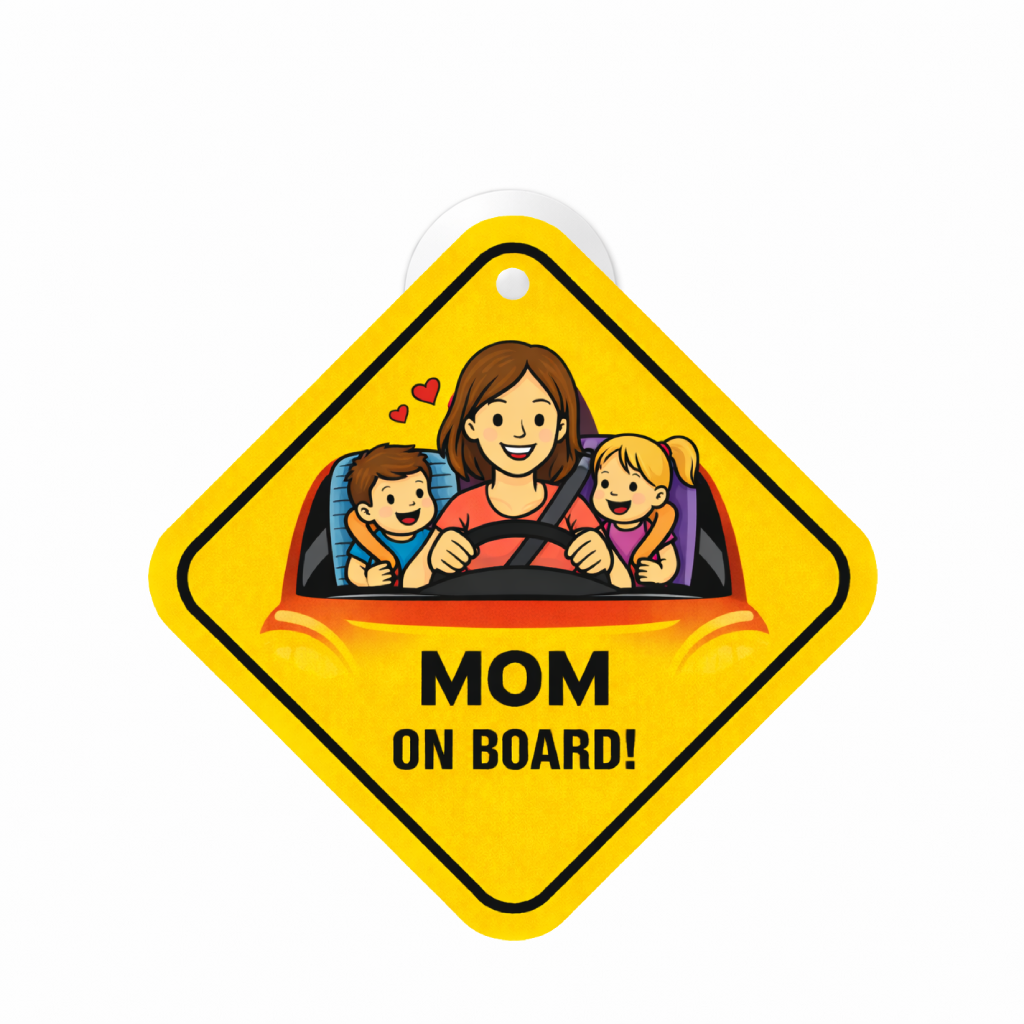 Smeeps Mom On Board Hanging Sign – 20.32 × 20.32 cm (8 × 8 Inch) Mom Driving with Kids Waterproof Car Hanging Board with Suction Cup | Cute Family Safety Vehicle Sign Pack of 1