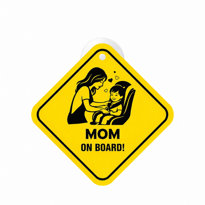 Smeeps Mom On Board Hanging Sign – 20.32 × 20.32 cm (8 × 8 Inch) Mom & Child Car Seat Waterproof Hanging Board with Suction Cup | Family Safety Vehicle Sign Pack of 1