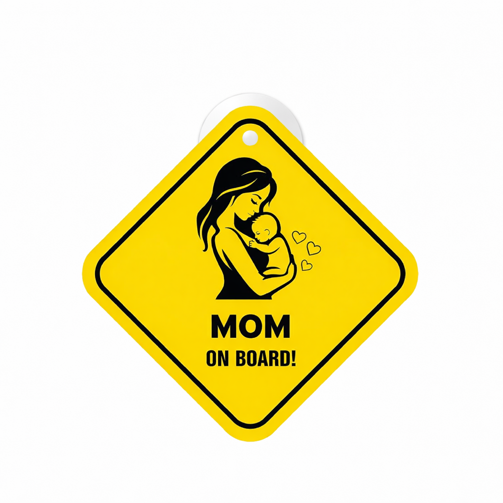 Smeeps Mom On Board Hanging Sign – 20.32 × 20.32 cm (8 × 8 Inch) Mother & Baby Waterproof Car Hanging Board with Suction Cup | Family Safety Vehicle Warning Sign