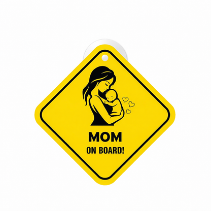 Smeeps Mom On Board Hanging Sign – 20.32 × 20.32 cm (8 × 8 Inch) Mother & Baby Waterproof Car Hanging Board with Suction Cup | Family Safety Vehicle Warning Sign