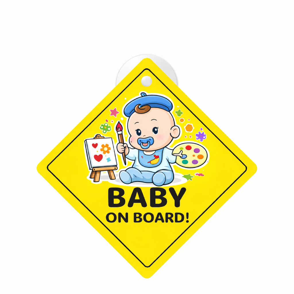 Smeeps Baby Artist On Board Hanging Sign – 20.32 × 20.32 cm (8 × 8 Inch) Cute Painter Baby Waterproof Car Hanging Board with Suction Cup | Baby Safety Vehicle Warning Sign