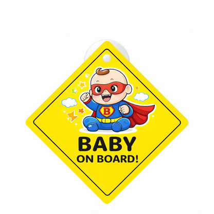 Smeeps Super Baby On Board Hanging Sign – 20.32 × 20.32 cm (8 × 8 Inch) Cute Superhero Baby Waterproof Car Hanging Board with Suction Cup | Fun Baby Safety Vehicle Sign