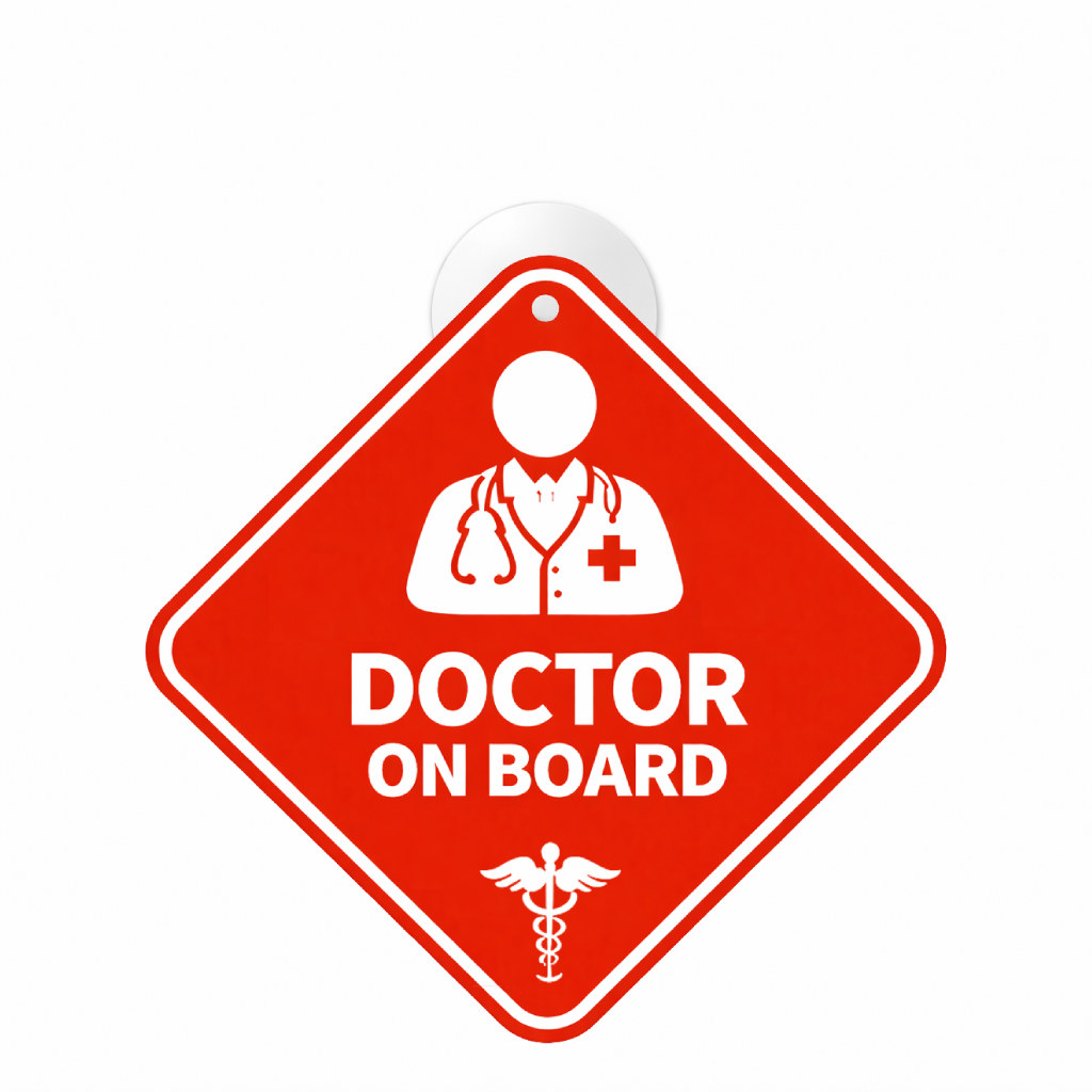 Smeeps Red Doctor On Board Hanging Sign – 20.58 × 20.32 cm (8.1 × 8 Inch) Waterproof UV Resistant Medical Car Hanging Board with Suction Cup | Professional Healthcare Vehicle Emergency Sign Pack of 1