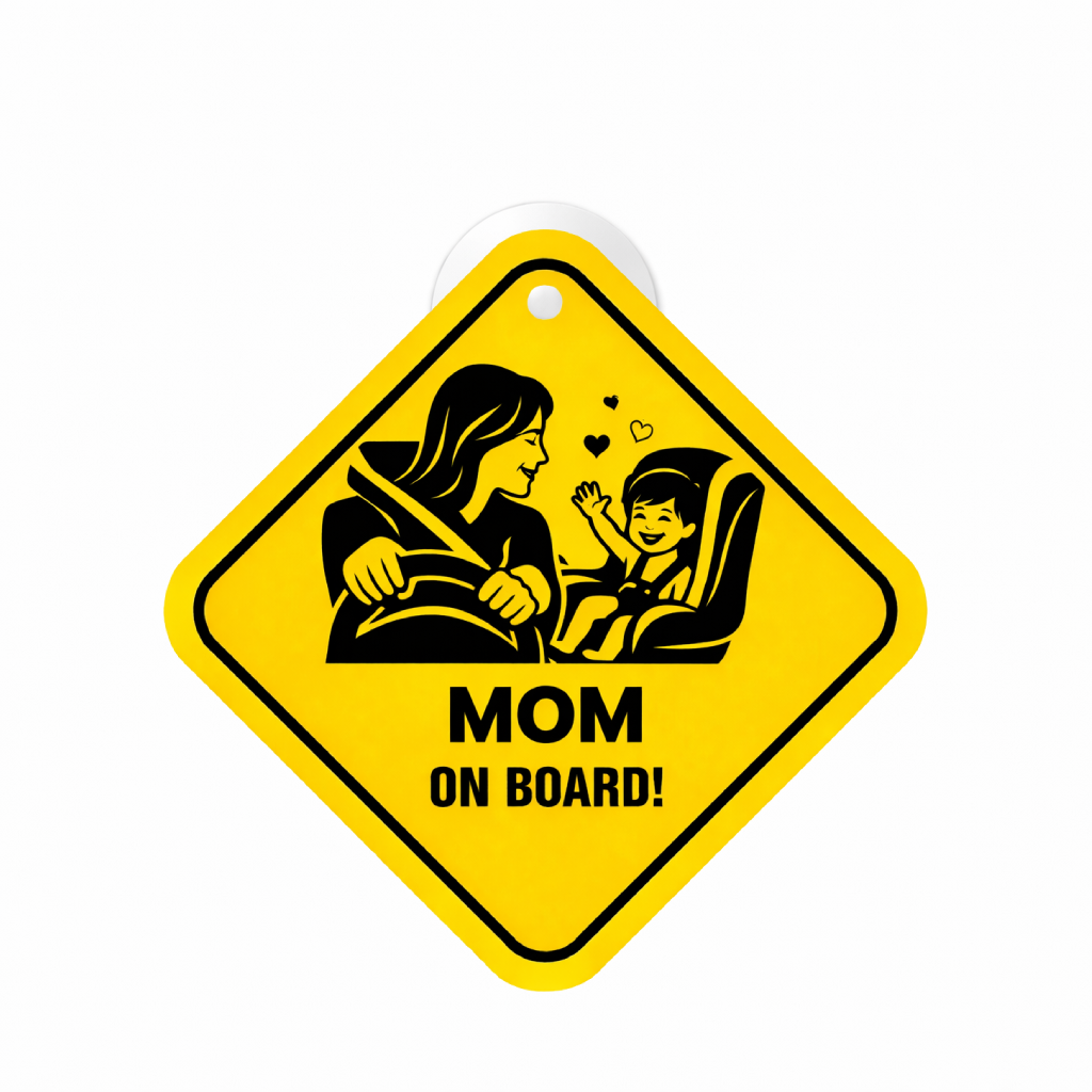 Smeeps Mom On Board Hanging Sign – 20.32 × 20.32 cm (8 × 8 Inch) Mom Driving with Baby Waterproof Car Hanging Board with Suction Cup | Cute Family Safety Vehicle Sign Pack of 1